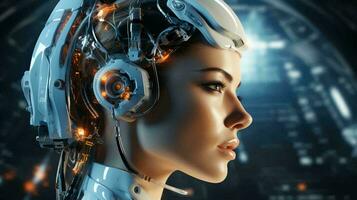 Connection of human woman and artificial intelligence robot. The concept of merging a person and a computer with neural networks in the future. AI generated photo