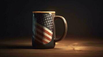 A glass of beer and an abstract star and striped USA state flag. AI generated photo