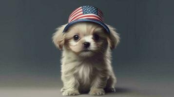 A small puppy sits in a hat the color of the American flag. Concept postcard with a dog for USA Independence Day. AI generated photo