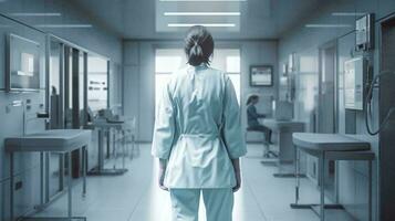 médico médico trabajador soportes en el corredor en el hospital médico instalaciones ver desde el atrás. ai generado foto