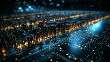 Computer futuristic high tech circuit board with microcircuits and electronic chips with transistors and resistors. AI generated photo