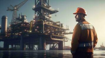 un ingeniero en un difícil sombrero soportes en frente de un productor de petróleo industrial costa afuera plataforma. fábrica trabajador con equipo para petróleo producción en el mar y océano. ai generado foto