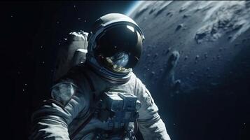 Astronaut in a spacesuit on an asteroid or planet moon in outer space. photo