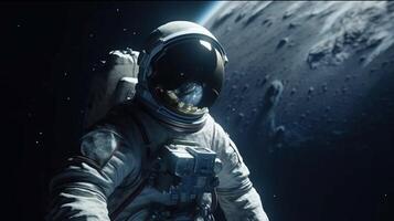 Astronaut in a spacesuit on an asteroid or planet moon in outer space. AI generated photo