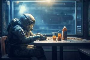 astronauta en un gas máscara se sienta a el mesa con un botella de medicamento. ai generativo foto