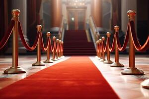 Red carpet in the hall. Red carpet on the stairs. 3d rendering Ai Generated photo