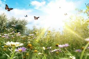 Spring meadow with flowers and butterflies. Nature background. 3d rendering Ai Generative photo