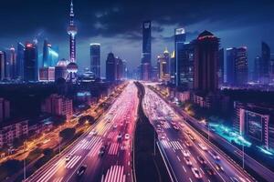 Highway traffic in the city at night. 3D rendering. photo