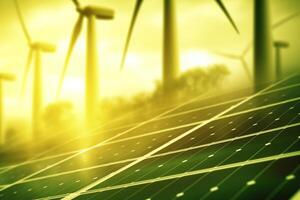 Green energy background with wind turbines and solar panels. 3D rendering photo
