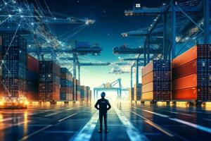 Silhouette of businessman looking at container cargo freight ship in port with network connection concept Ai Generative photo