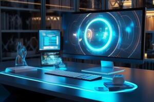 Interior of a control room with computers and screens. 3D rendering photo