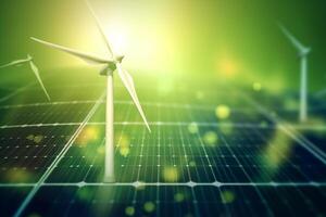 Green energy background with wind turbines and solar panels. 3D rendering photo
