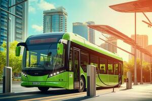 Green bus in the city at sunset. Public transport concept image. Ai Generated photo