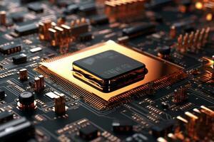 Close up of electronic circuit board with processor. 3d rendering photo