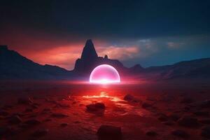 Fantasy alien planet. Mountain and lake. 3D illustration. Ai Generated photo