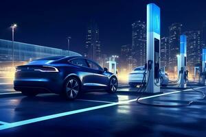 Electric car charging in the city at night. 3D rendering. Ai Generated photo