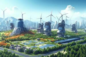 Eco city with wind turbines. Renewable energy concept. Vector illustration photo