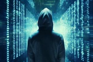 Hooded hacker with binary code on a dark blue background. photo