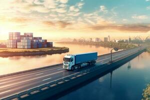 Truck with container on the highway at sunset. 3d rendering photo