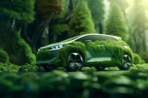Green eco car on the road in the forest. 3D rendering. Ai Generated Ai Generated photo