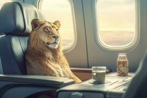 Lion in the cabin of the plane. The concept of business and travel. Generative Ai photo