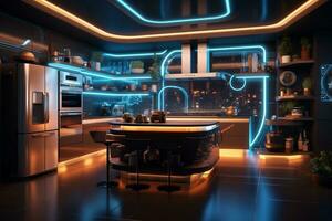 3D rendering of a modern kitchen interior design. neon Night lighting. photo