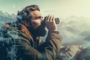 Hiking man with backpack and binoculars in the mountains. Ai Generated photo