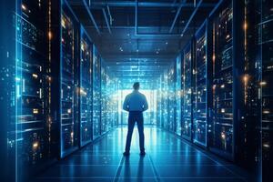 Rear view of businessman standing in server room and looking at data center photo