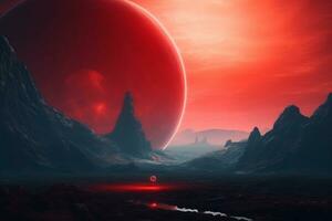 Fantasy alien planet. Mountain and lake. 3D illustration. Ai Generated photo