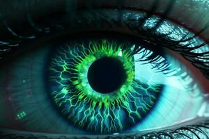 Close up of human eye with green iris, 3D rendering Ai Generative photo