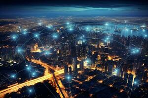 Abstract night city with lights and connection lines. 3D Rendering photo