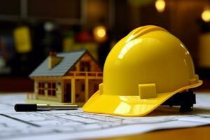 Yellow hard hat on construction plans with building background, Construction concept. Ai generated photo