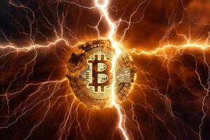 Bitcoin on a lightning background. Digital currency. Cryptocurrency. Ai Generated photo