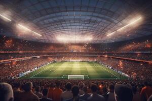 Digital Football or soccer stadium at night with crowd of fans. 3D rendering photo