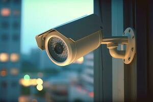 CCTV security camera on window with bokeh light background Ai Generated. photo