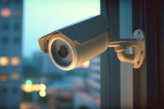 CCTV security camera on window with bokeh light background . photo