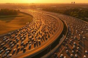 aéreo ver de autopista con carros Moviente en la carretera a puesta de sol. foto