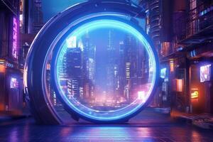 Neon tunnel in the city at night. 3d rendering. photo