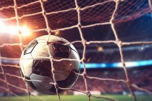 Soccer ball in goal net. 3d rendering toned image photo