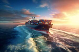 Container Ship in the ocean at sunset. 3D Rendering. Ai Generated photo