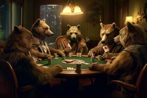 Poker table with bear, bear, fox and bear in a casino Ai Generative photo