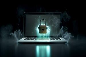 Cyber security concept with padlock on laptop screen 3D rendering Ai Generative photo