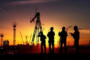 silueta de construcción trabajadores en frente de un construcción sitio. ai generado foto