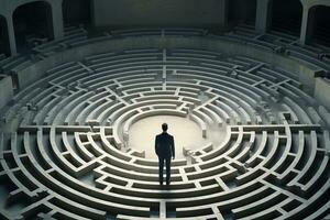 Businessman standing in a middle of a labyrinth. 3D rendering Ai Generated photo