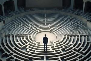 Businessman standing in a middle of a labyrinth. 3D rendering photo