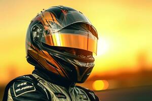 Racing driver in helmet and sportswear on blurred background. Ai Generative photo