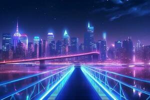 Night view of the Brooklyn Bridge, New York City, USA. neon photo