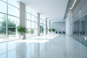 Interior of modern office with white walls, tiled floor, panoramic windows and daylight. 3d rendering photo