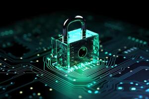 Padlock icon on blurred cityscape background, cyber security concept. double exposure photo
