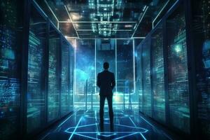 Back view of young businessman standing in server room and looking at data photo